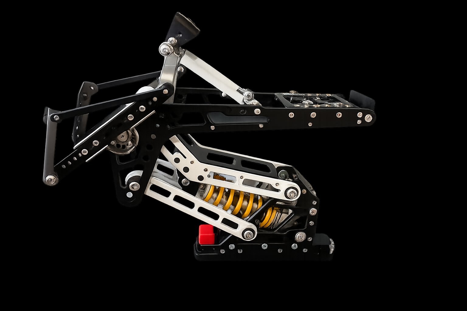 KBG DWC sitski chassis, side profile showing levered suspension and coil shock