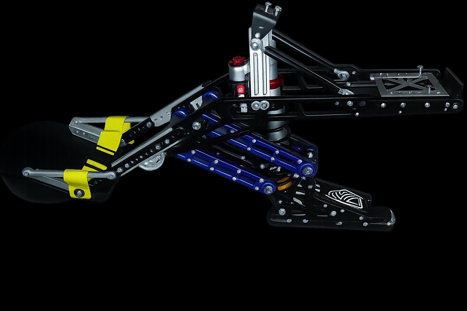 KBG FS-8 sitski chassis, side profile showing the full-sized Elka moto shock and linkage