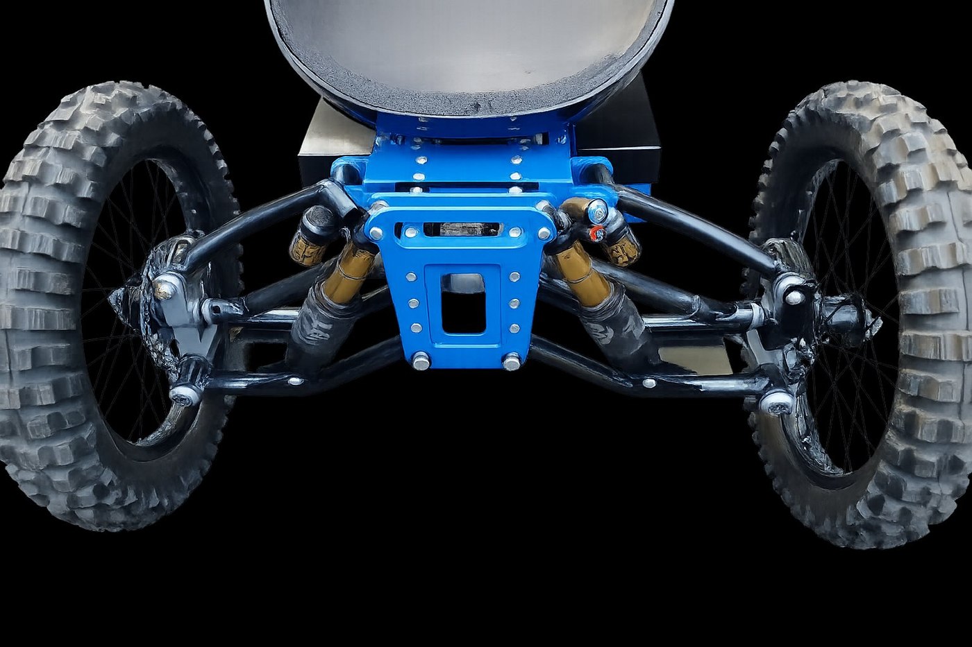 Terra front independent suspension head-on — A-arms, coil-over shocks and anti-dive race-car geometry