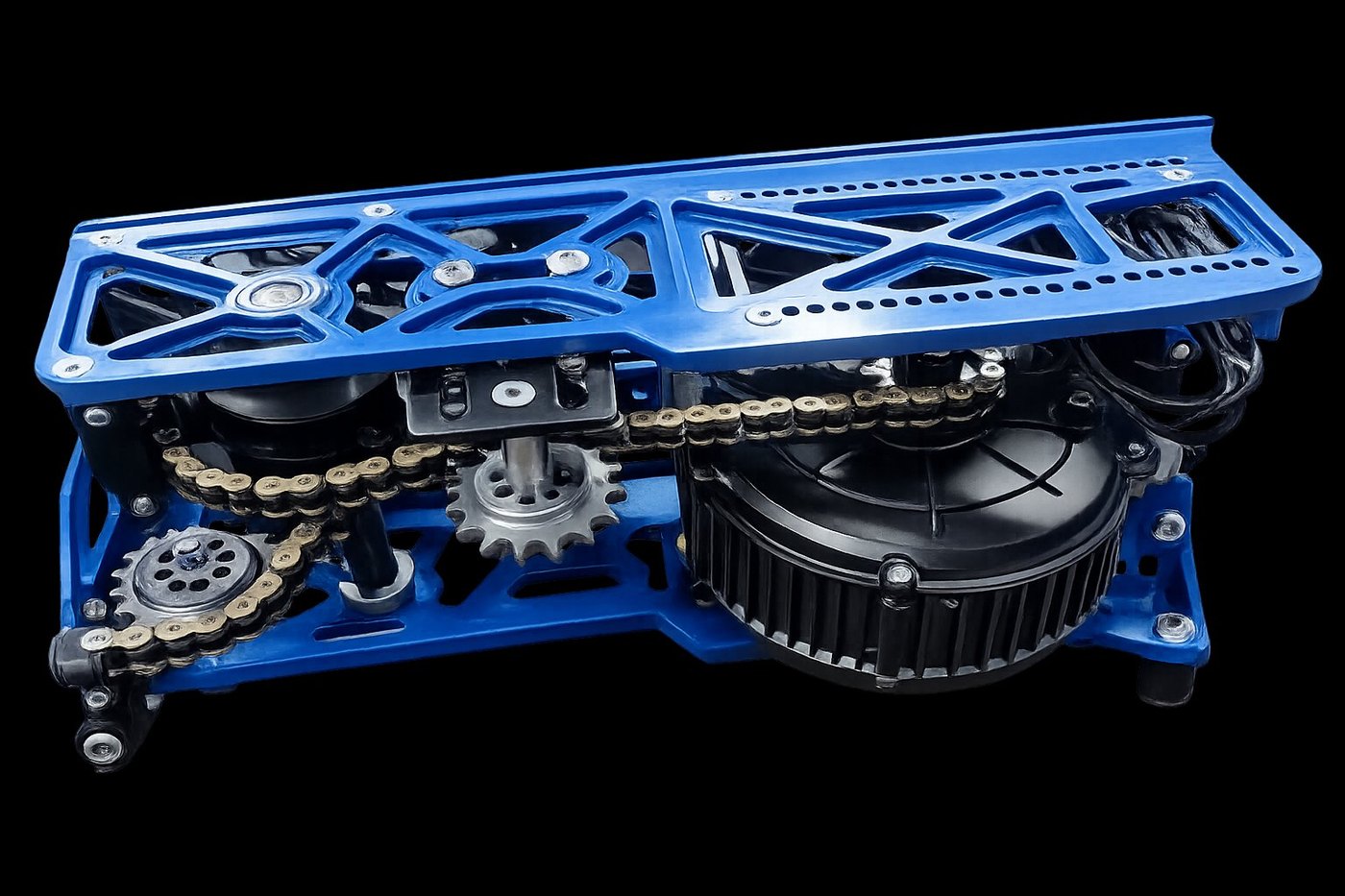 Terra drivetrain — QS165 mid-drive motor, changeable chain gearing and rear differential in the blue truss frame